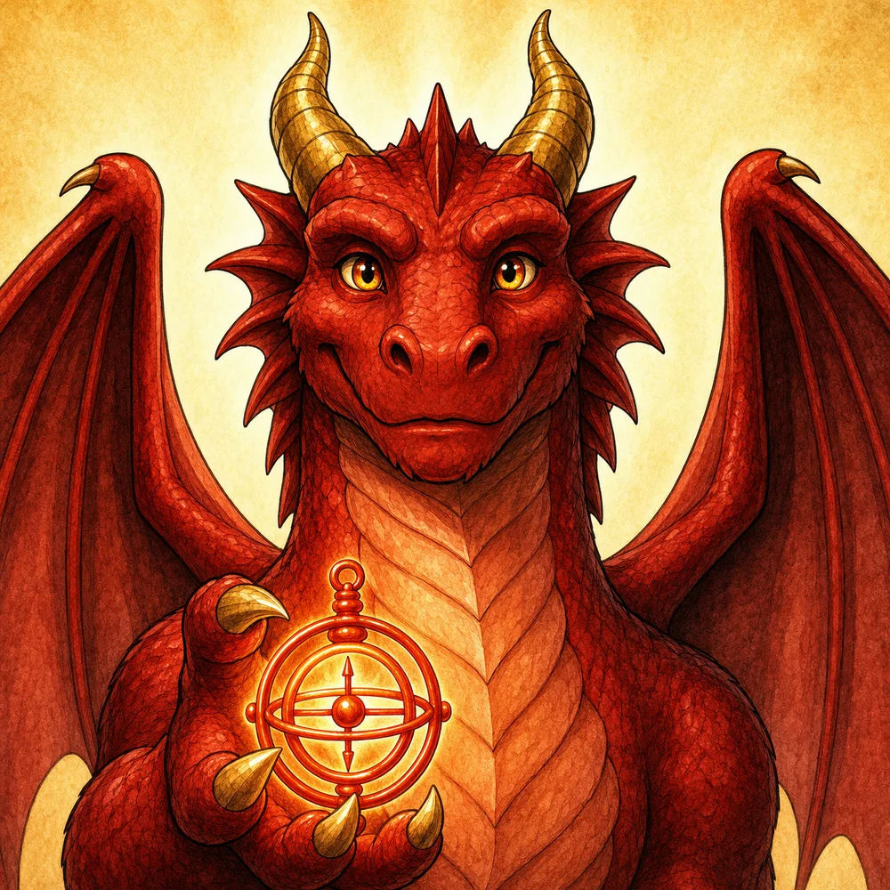 Prince Elior, a majestic crimson dragon, warmly offering a glowing Crimson Compass toward you