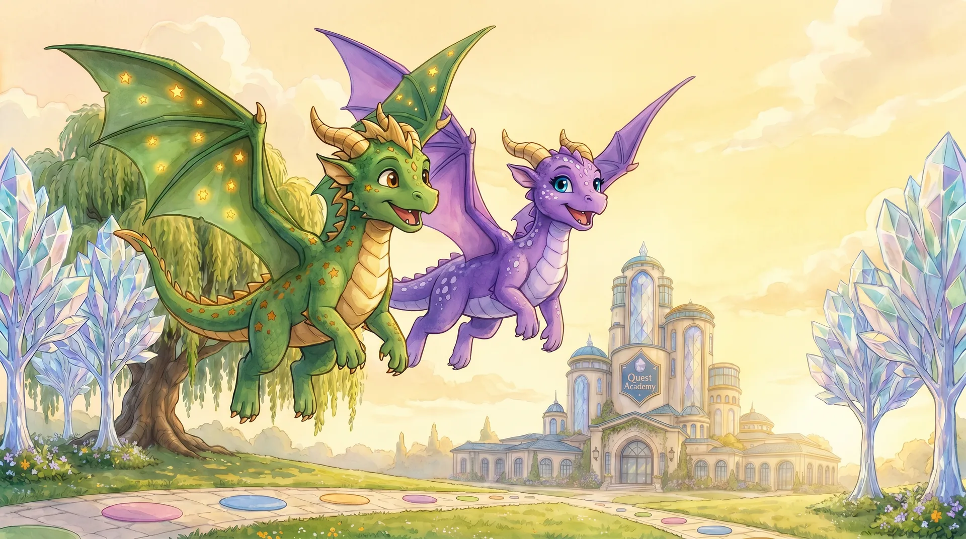 Leo and Cora, two young dragons, soaring together over the crystal towers of Quest Academy at golden hour