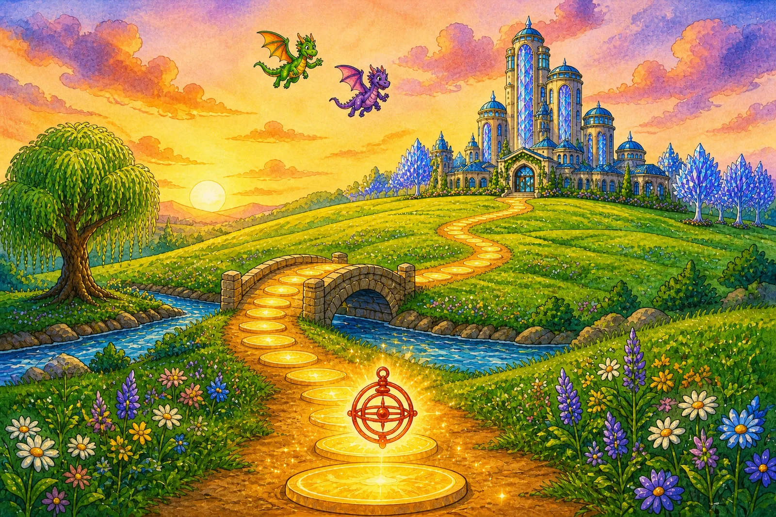 A golden trail of glowing stepping-stones winding through a meadow toward Quest Academy, a crimson compass hovering at the trailhead, and Leo and Cora waving from high in the sky