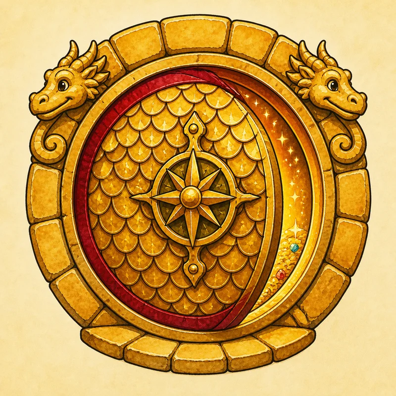A round golden dragon-scale vault door, slightly ajar, warm treasure-light spilling out